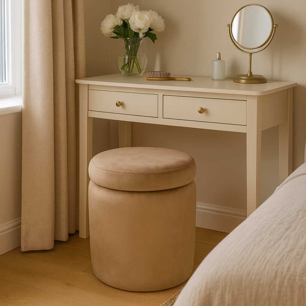 Beige vanity stool, dressing table with mirror, stool, and flowers in a bedroom setting.