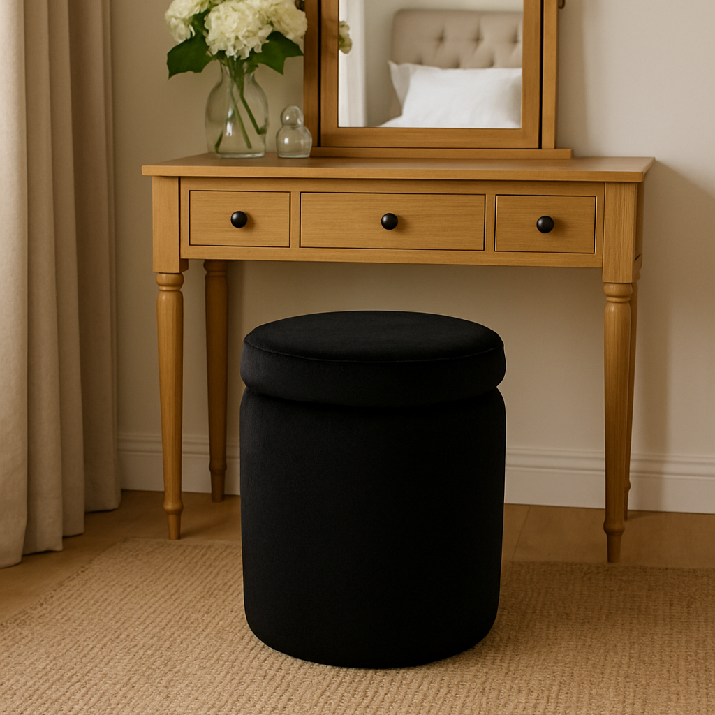Wooden dressing table with mirror and black stool with storage on a beige carpet