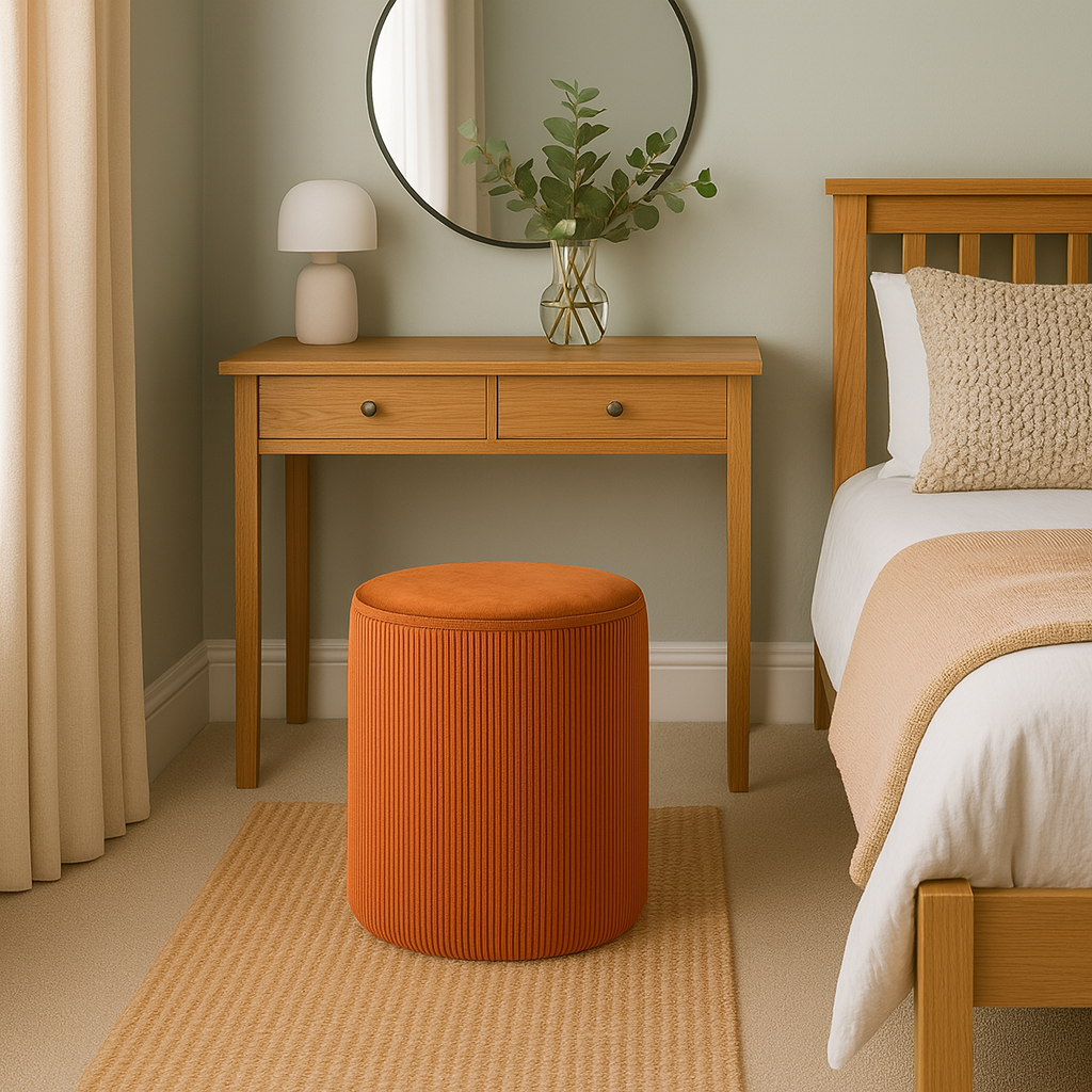 Bedroom with wooden desk, orange stool, and bed with beige blanket and pillow.