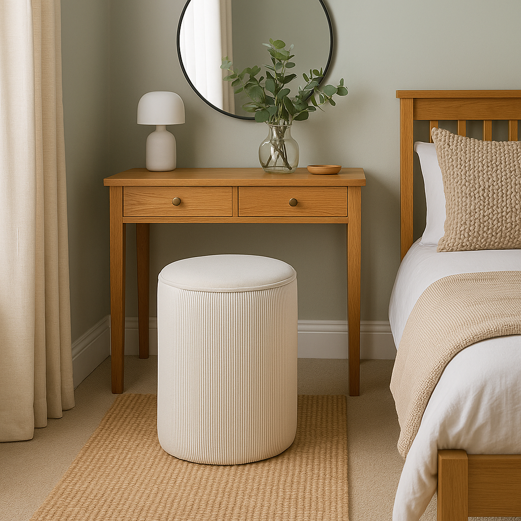 Bedroom with wooden desk, cream ribbed velvet stool, and bed with beige blanket and pillow.