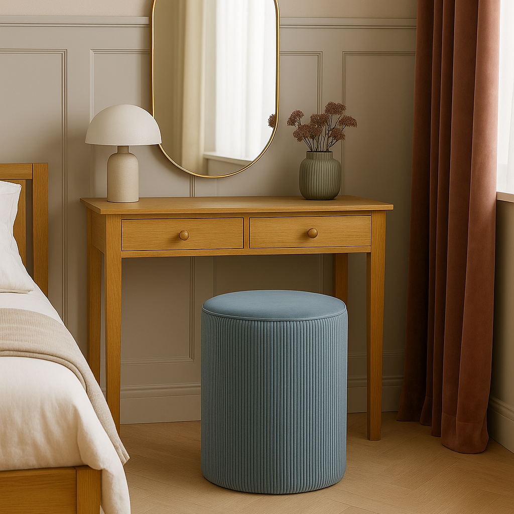 Bedroom with wooden desk, mirror, and blue ribbed stool.