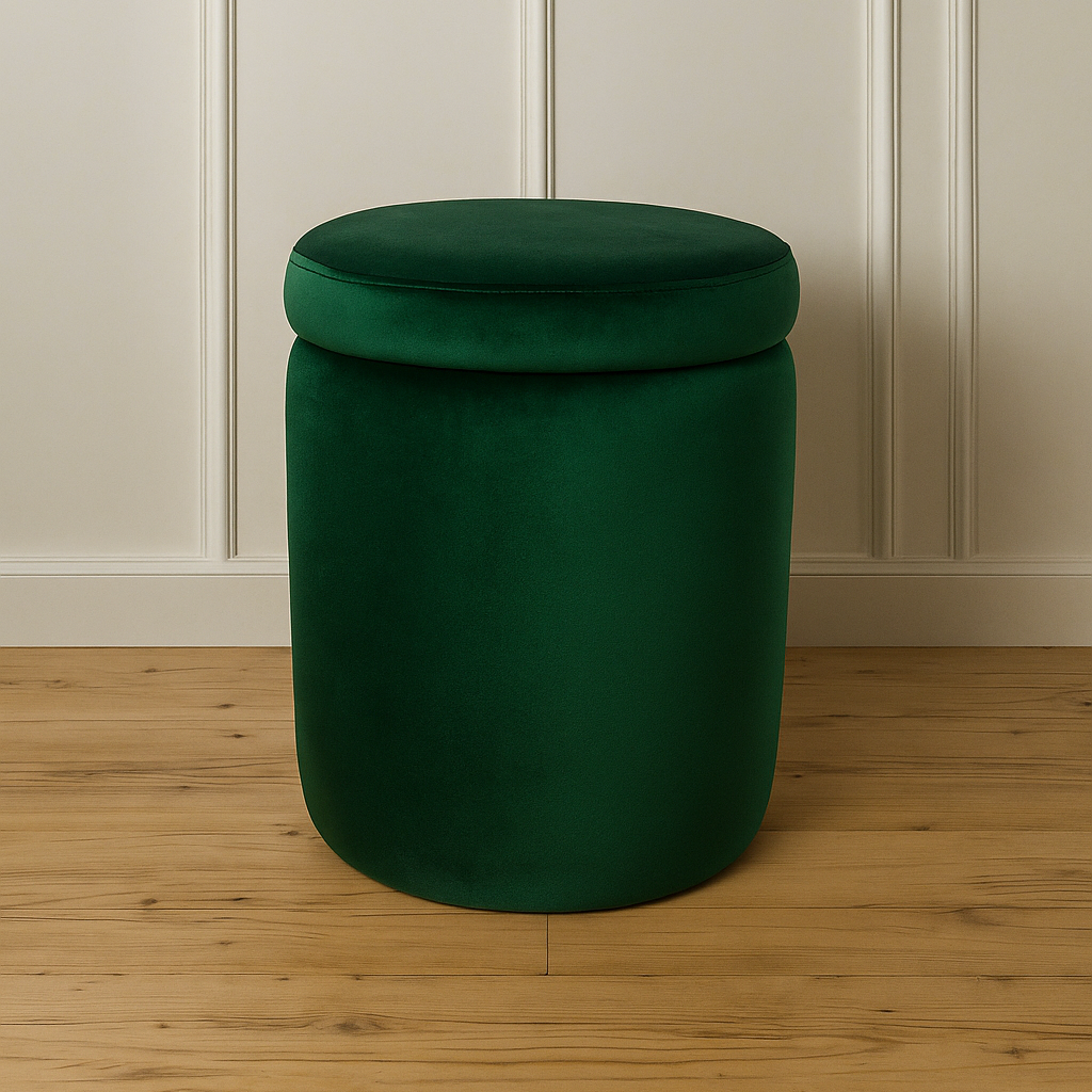 Green round ottoman stool on a wooden floor with a neutral wall background
