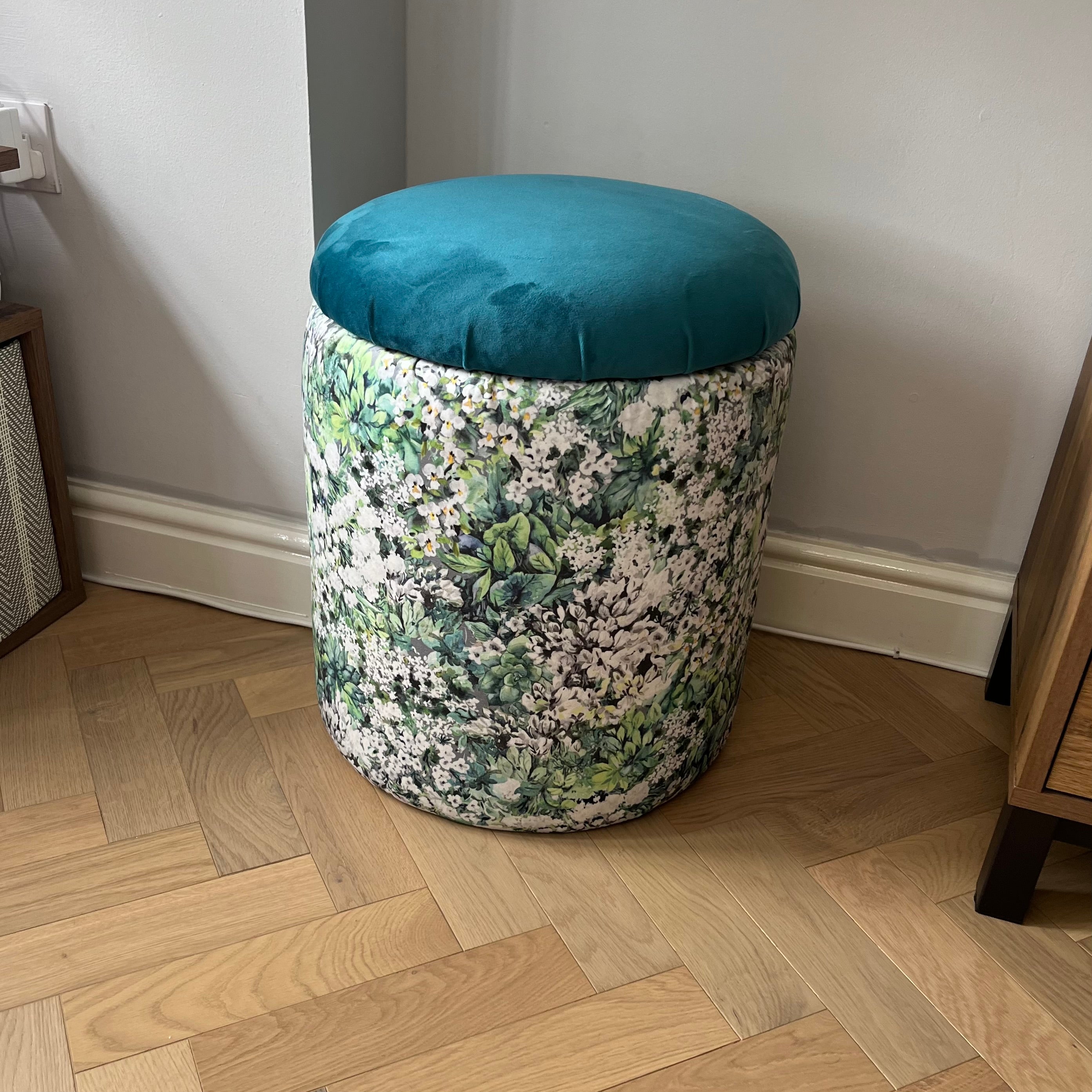 Meadow velvet vanity storage still with mallard blue removable lid