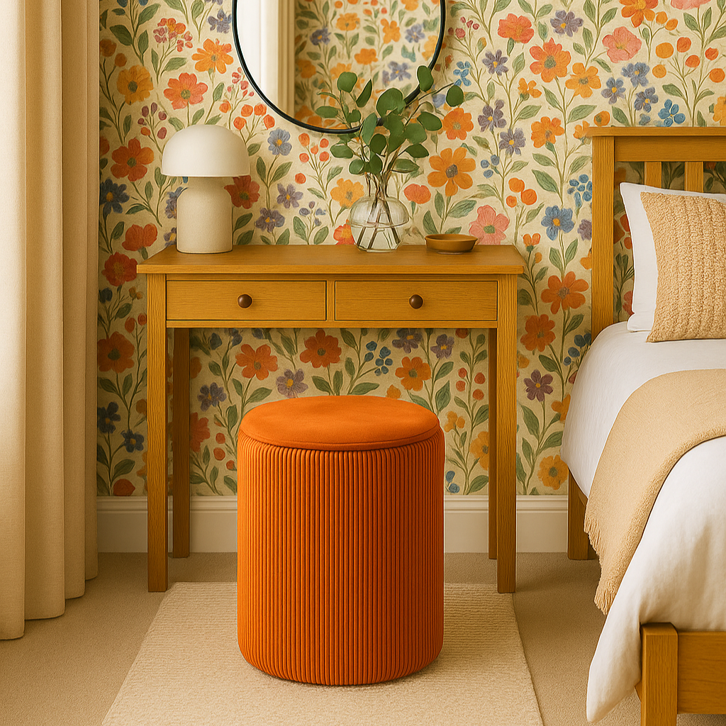 Room interior with floral wallpaper, wooden furniture, and an orange ottoman.