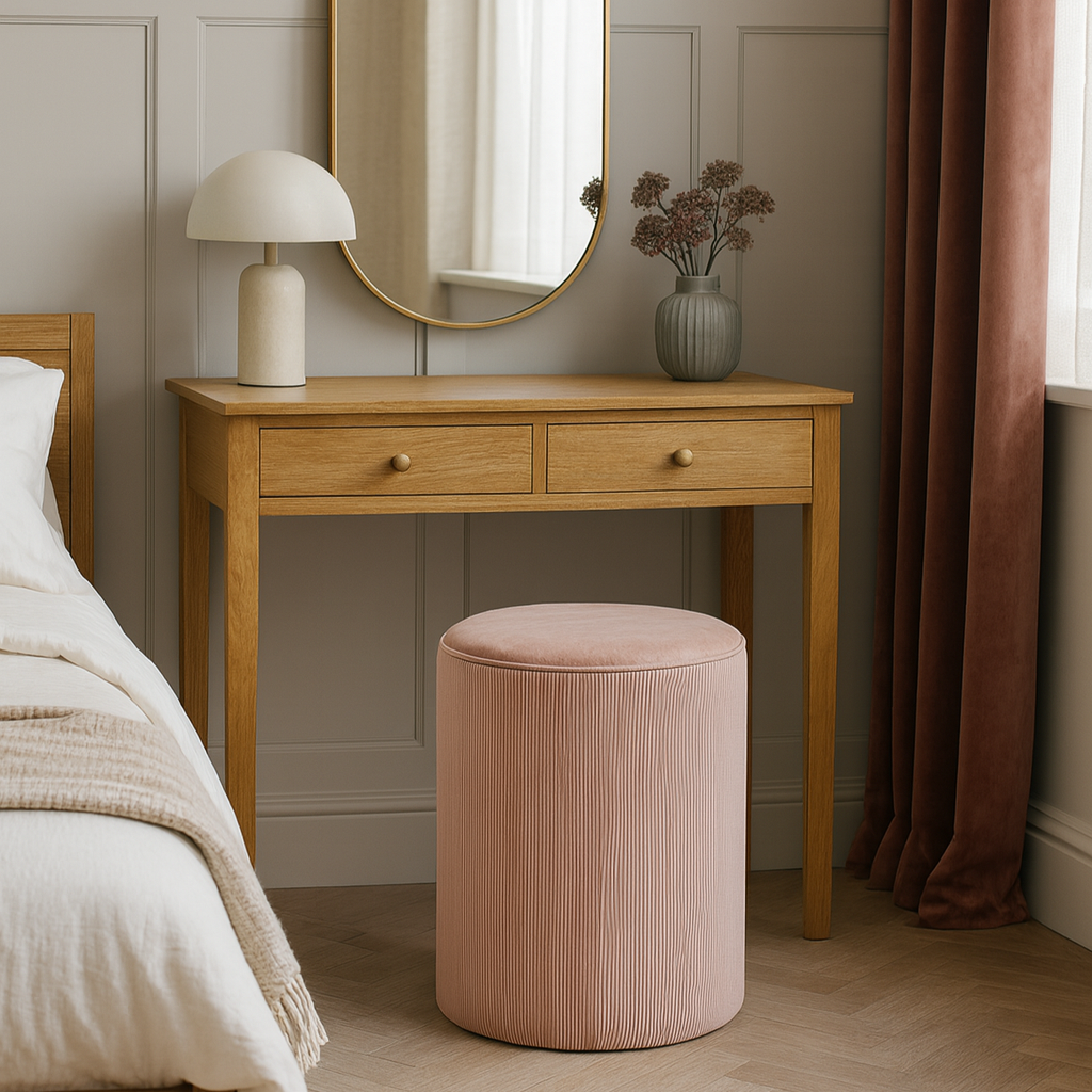 Wooden vanity table with round mirror, lamp, and vase in a bedroom setting. Pink stripe dressing stool on a wooden floor.