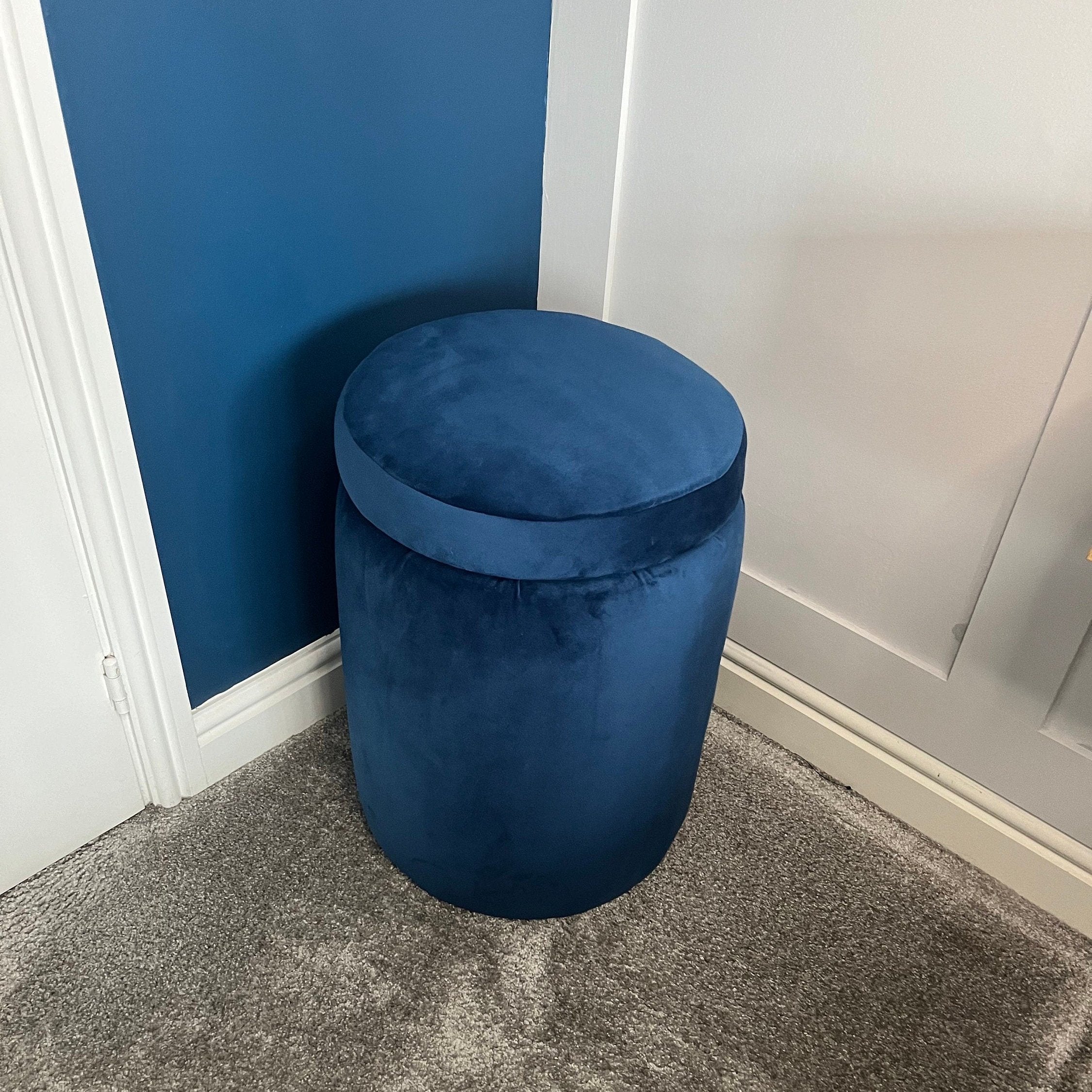 top view of navy blue dressing table stool with interior storage