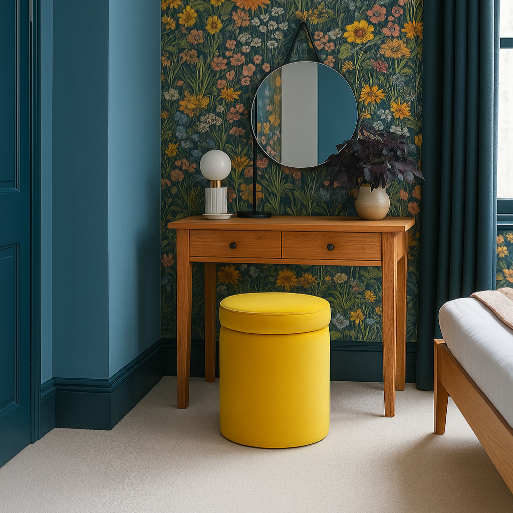 Room interior with floral wallpaper, wooden desk, yellow storage ottoman dressing table stool, and bed.