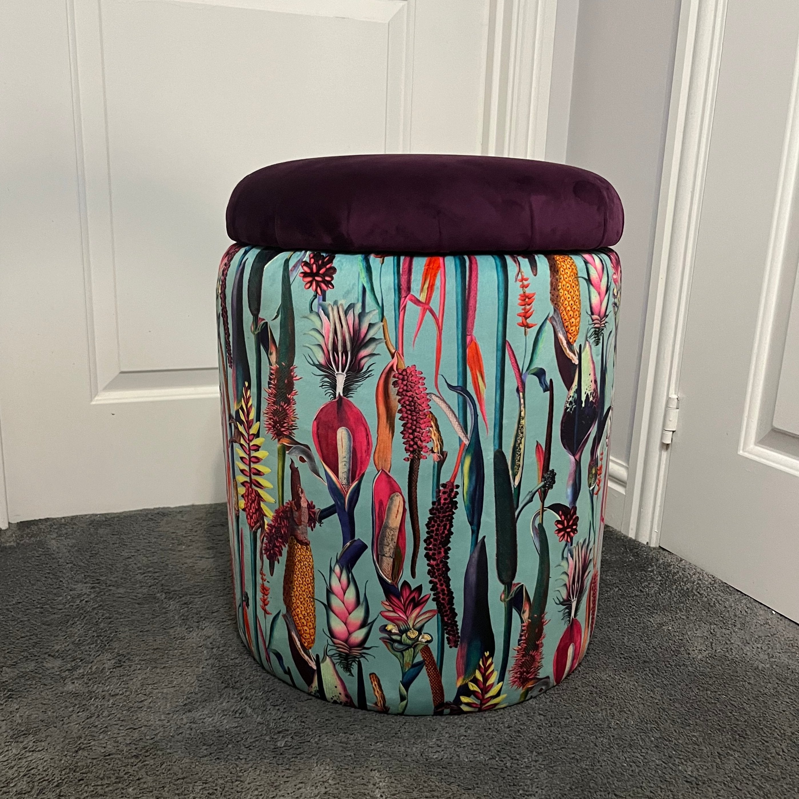 blue botanical vanity storage stool chair with purple seat