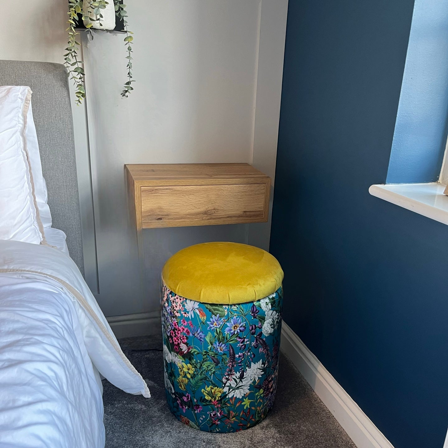 blue summer vanity storage chair with a yellow lid seat