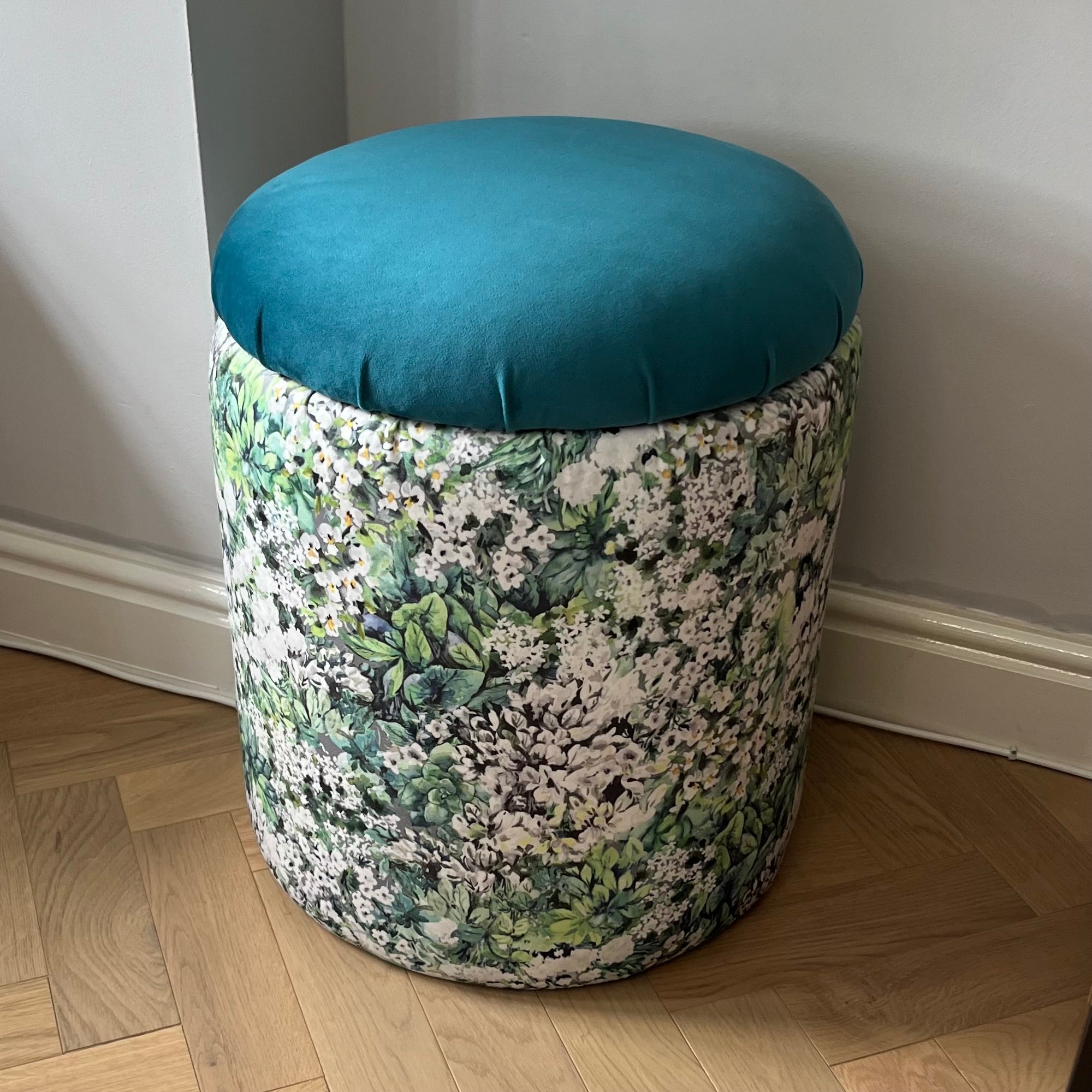 meadows storage pouffe with blue lid and plush velvet