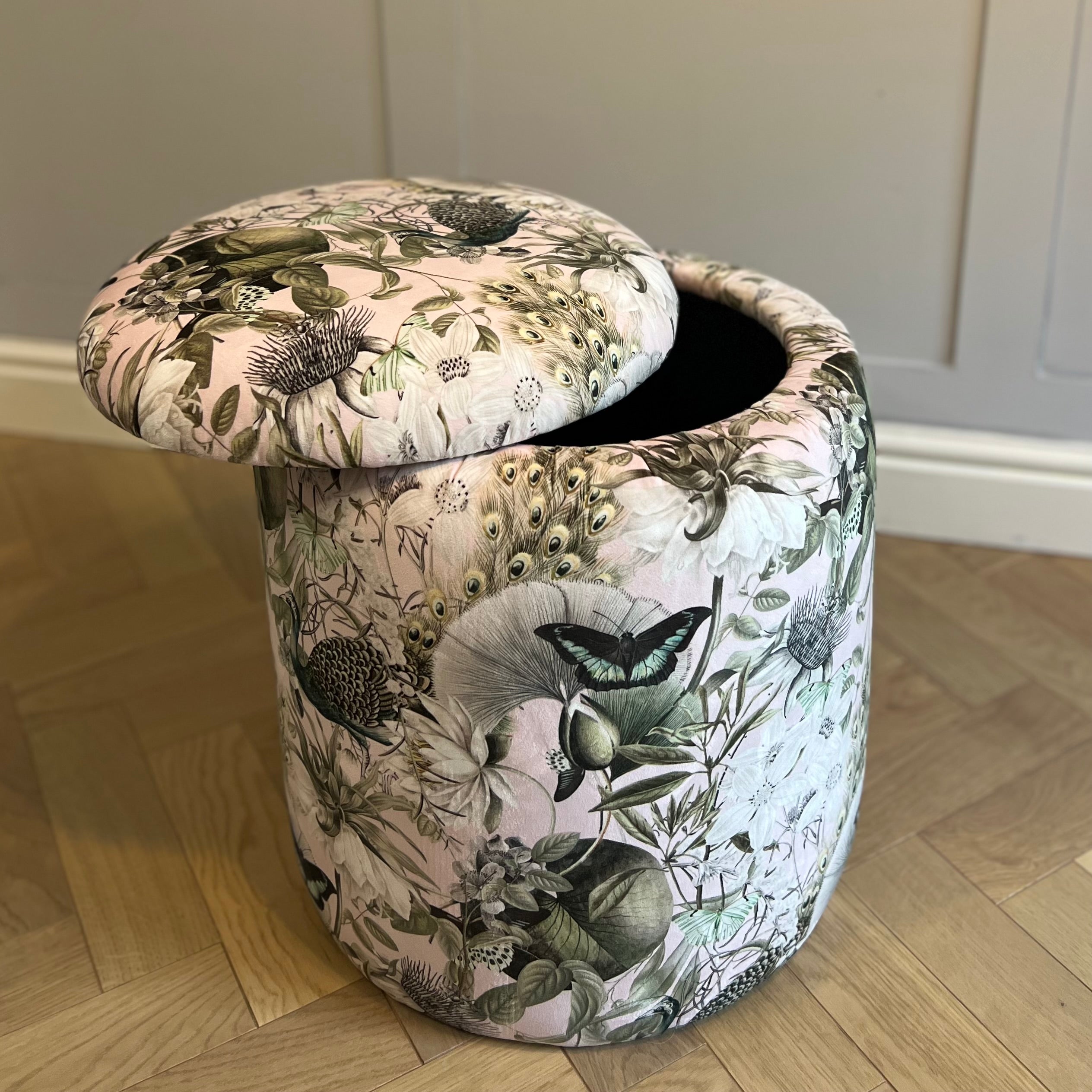 pink floral botanical vanity chair with interior storage lid