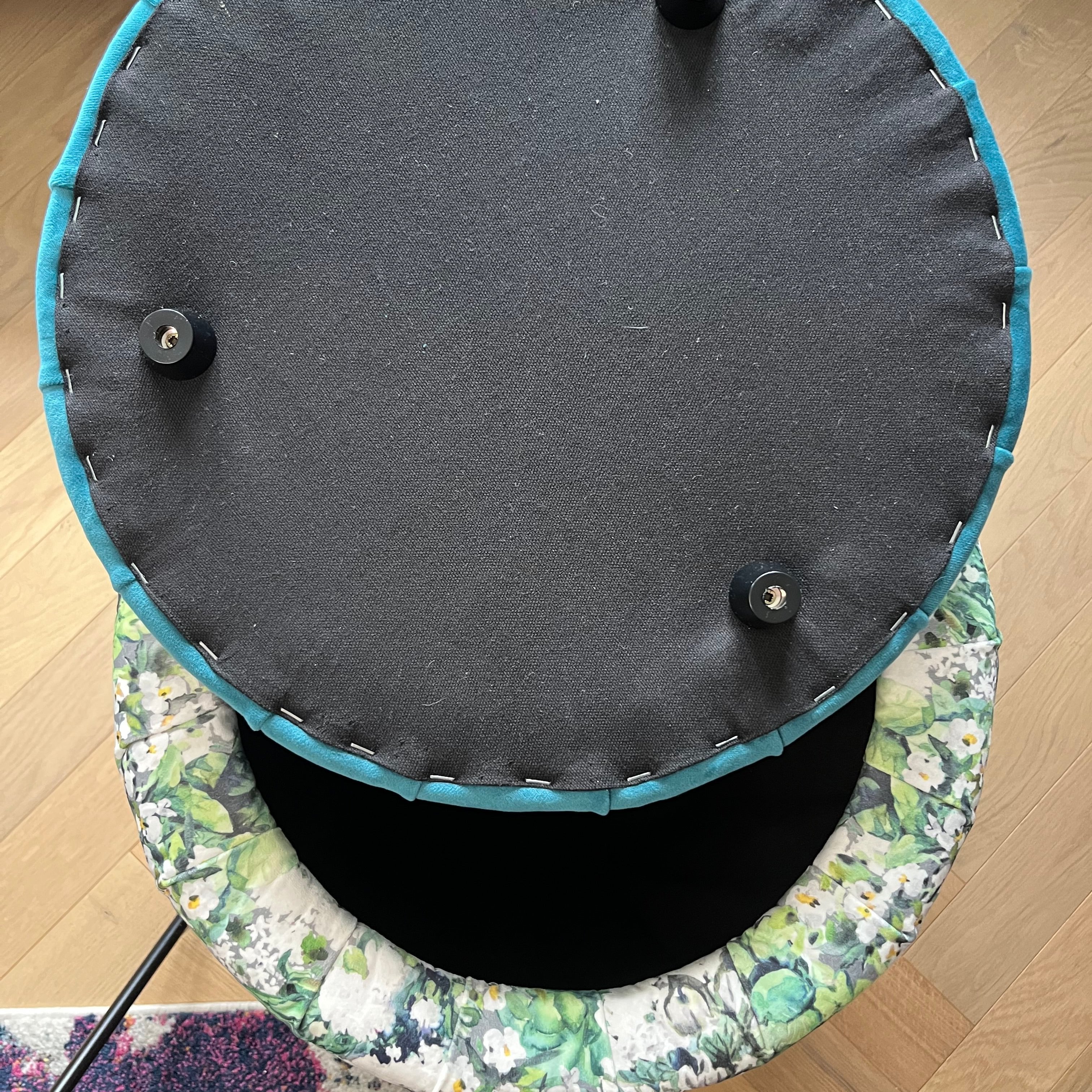 meadows velvet dressing table stool with lid blue open and stoppers to prevent the lid moving when sitting.