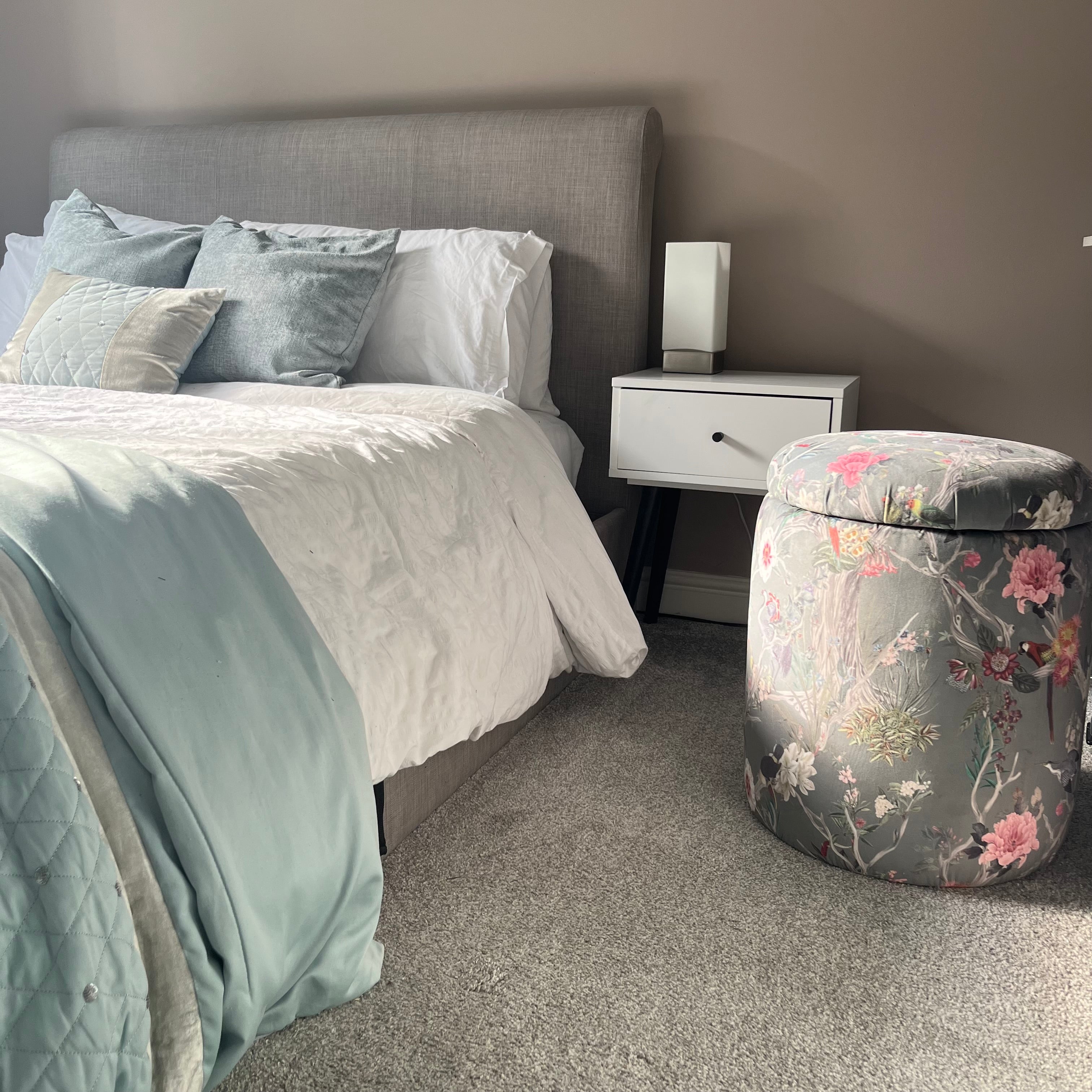 round storage dressing table stool in rain silver botanical velvets