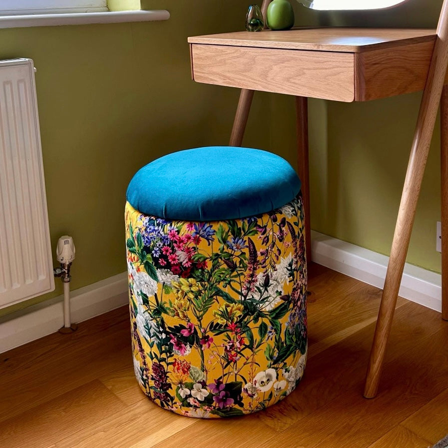 yellow summer botanical dressing table storage stool with a blue seat lid