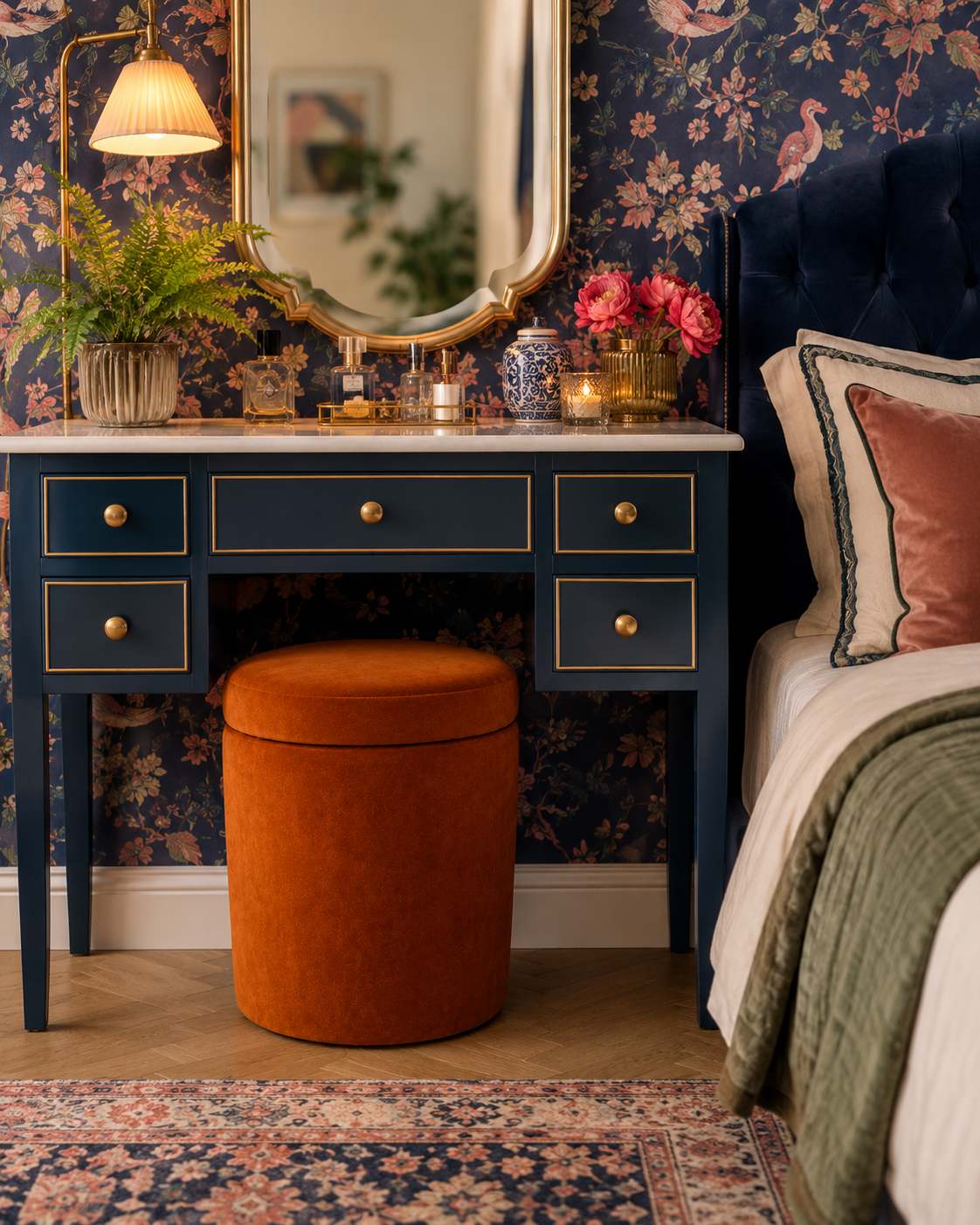 A styled bedroom scene featuring a navy blue vanity desk with gold trim and a matching round orange ottoman, set against a dark floral wallpaper background next to a bed.