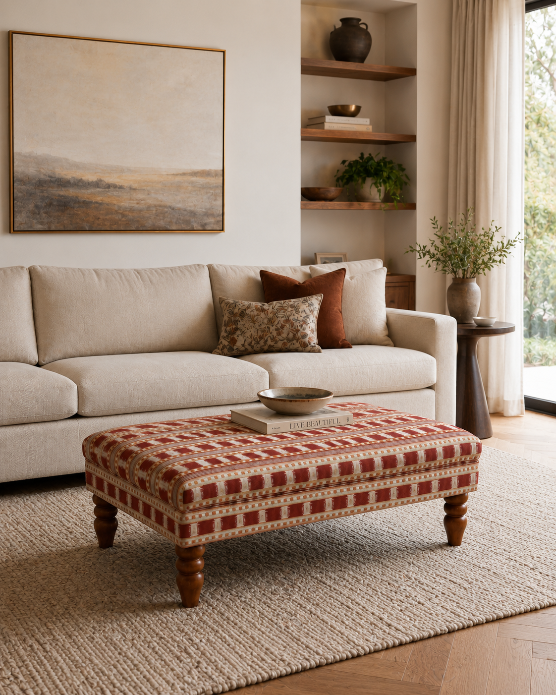 A styled living room scene featuring a cream-colored sofa, a patterned red and beige upholstered ottoman coffee table, a textured beige rug, and a large framed abstract landscape painting on the wall.
