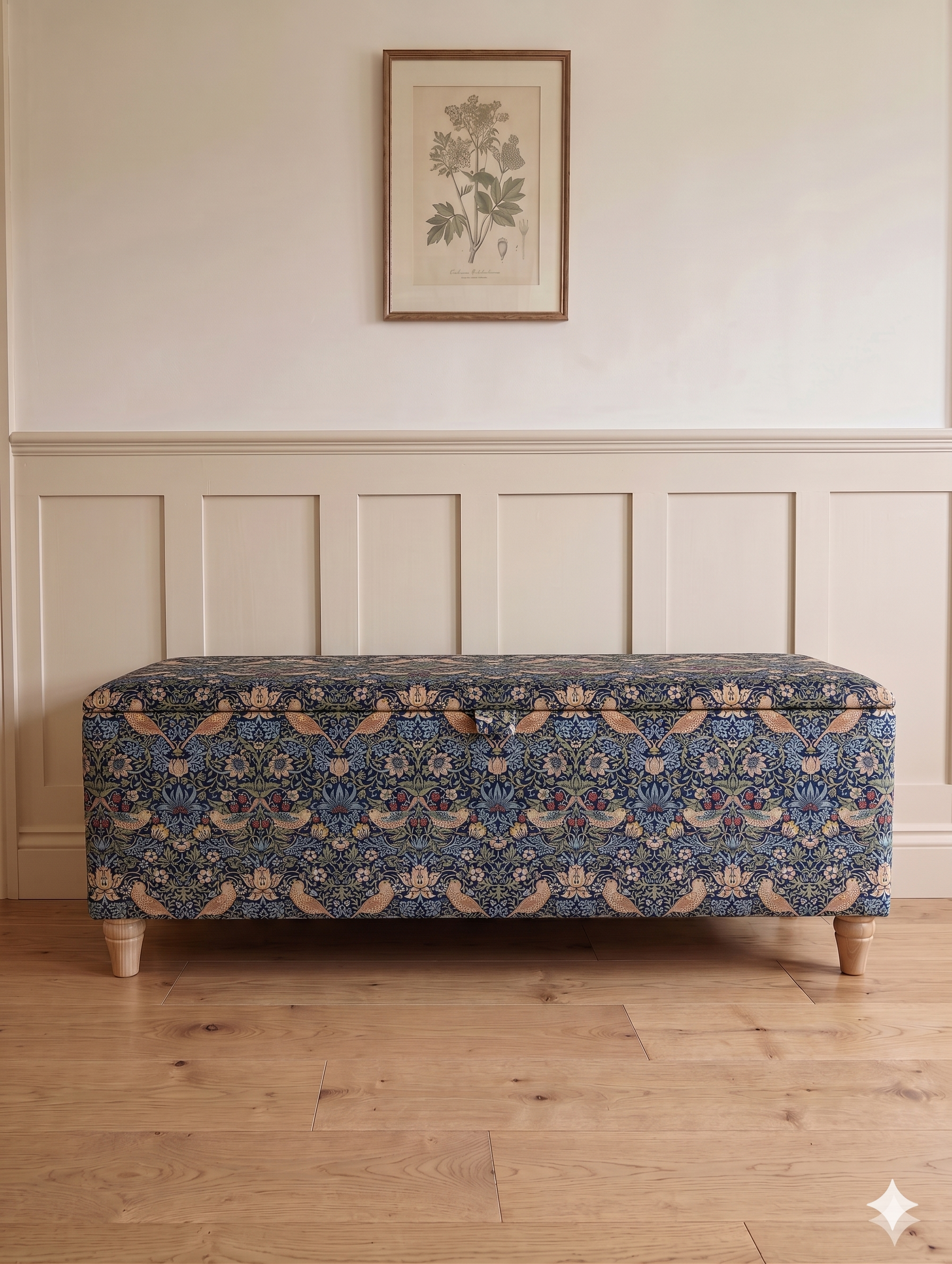 William Morris Strawberry Print ottoman in navy in a hallway with wooden floor and panelled walls