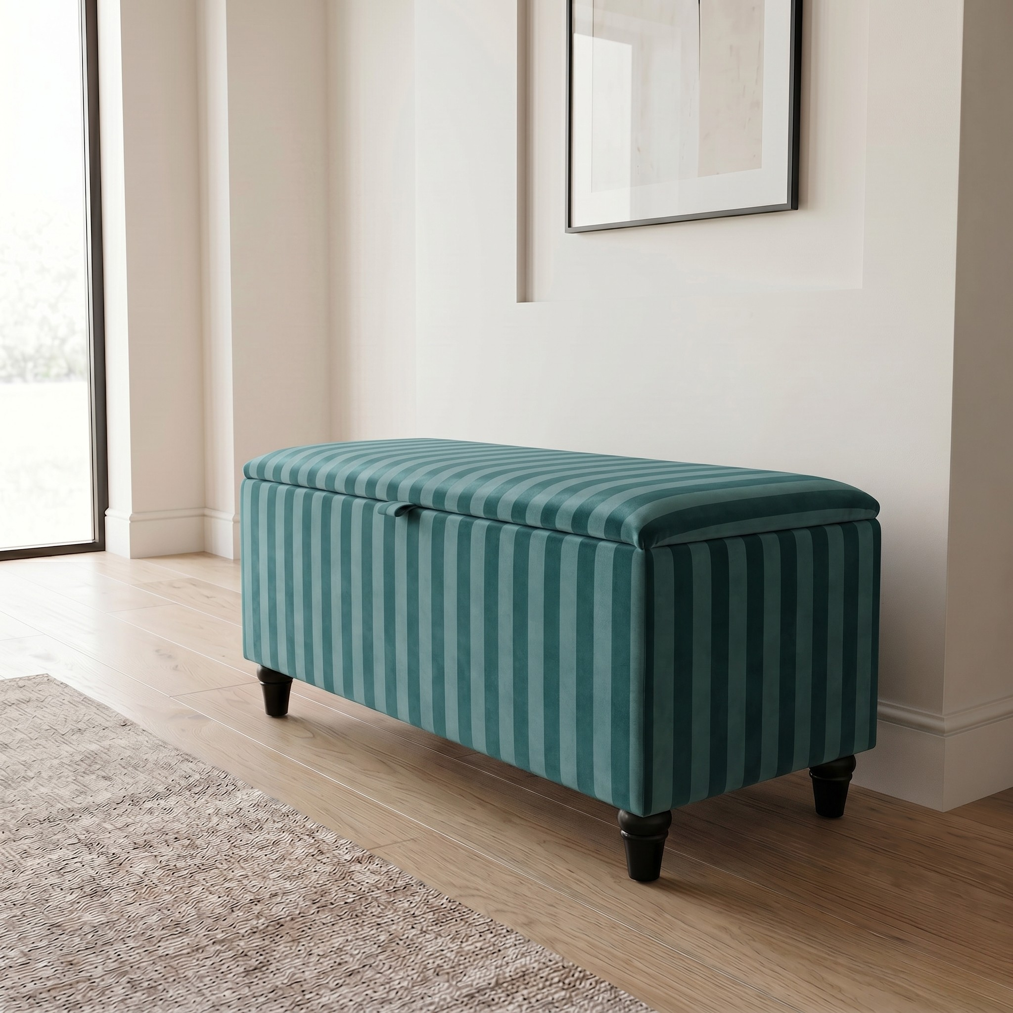 Modern hallway with a teal striped storage ottoman with black legs on a wooden floor