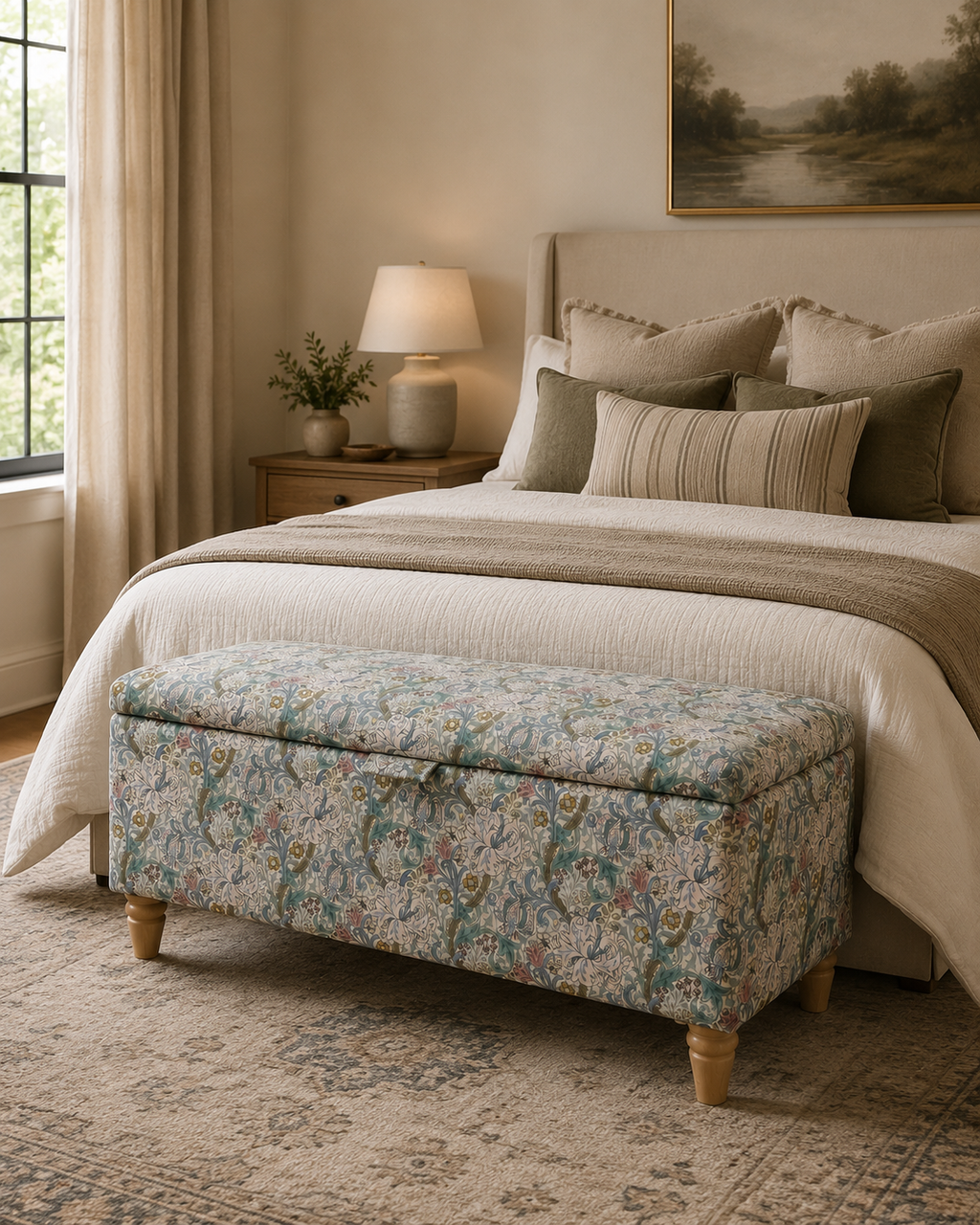 William Morris Golden Lily Storage Ottoman at the end of a bed in a stylish modern bedroom 