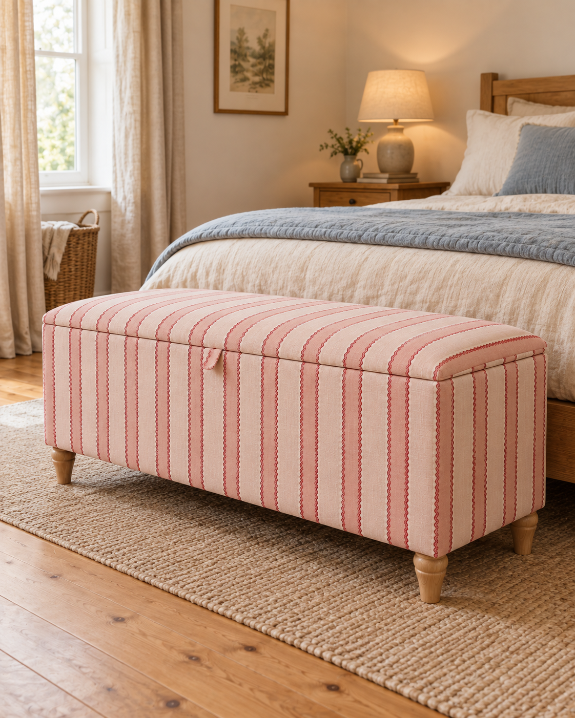 End of bed storage ottoman upholstered in a light and darker pink school stripe linen in a tidy country style bedroom with wooden floors. 