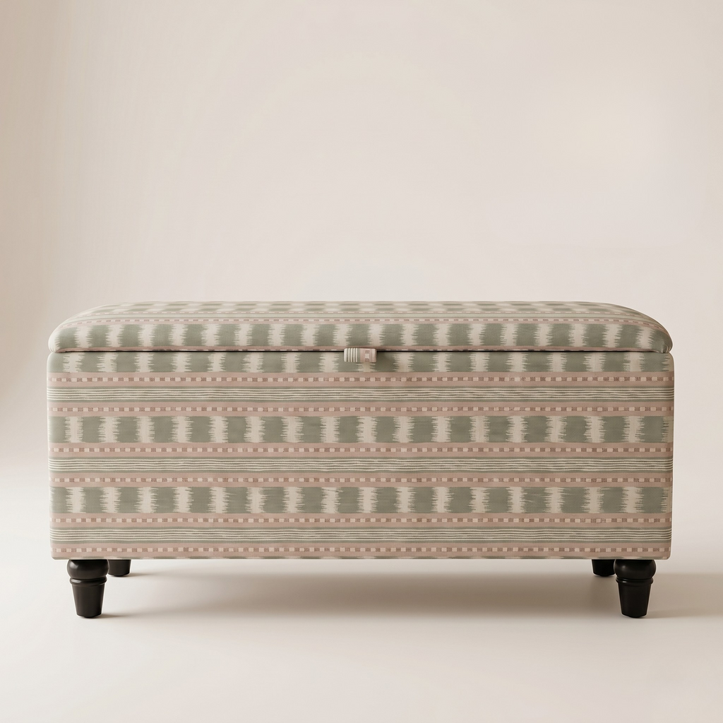 ahead view of a storage ottoman upholstered in a light pastel green and pink modern box strip fabric.