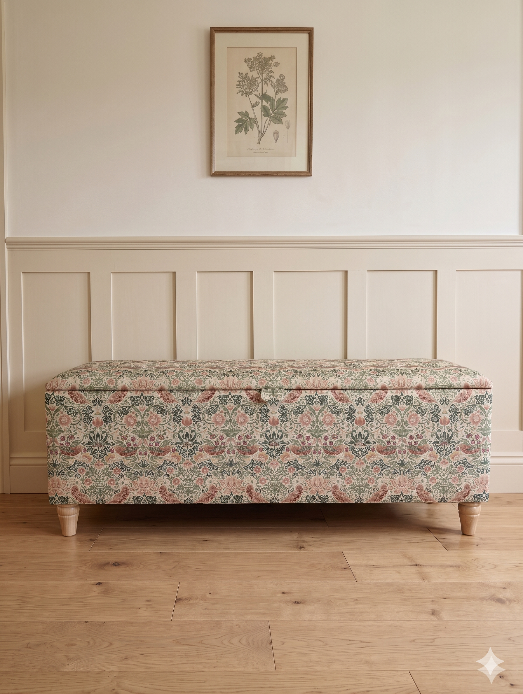 Decorative floral-patterned ottoman on a wooden floor with panelled walls and a framed picture.