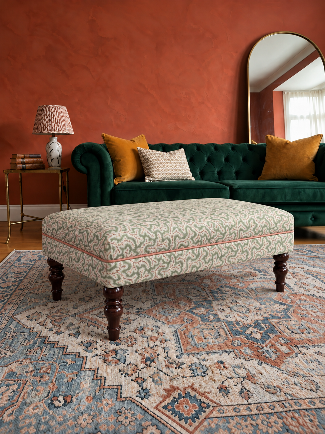 A patterned upholstered ottoman with dark wooden legs sits in a styled living room in front of a green velvet sofa, on a blue and beige patterned area rug against a terracotta wall.