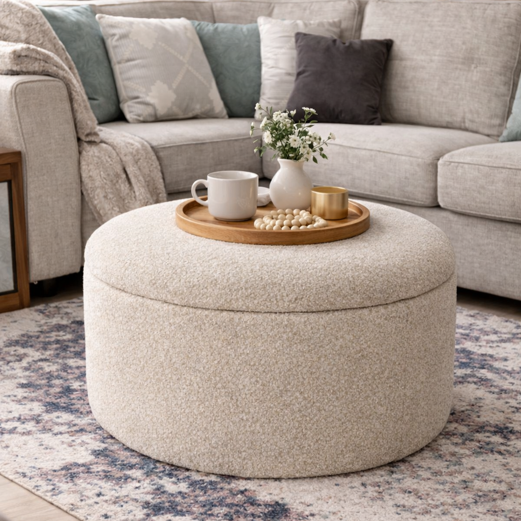 Oyster Boucle round storage pouffe in a modern living room setting 