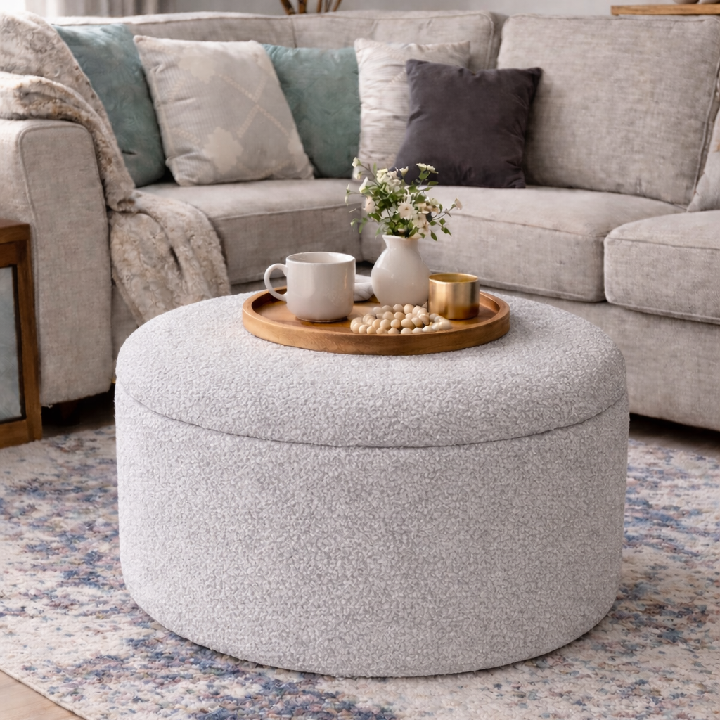 Ashfield ottoman in pewter grey in a modern living room setting with coloured cushions and a decorative ottoman tray