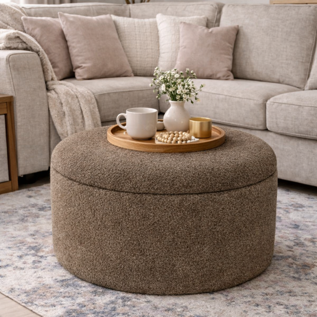 Sand Boucle storage pouffe with a decorative tray on top all in a modern living room setting