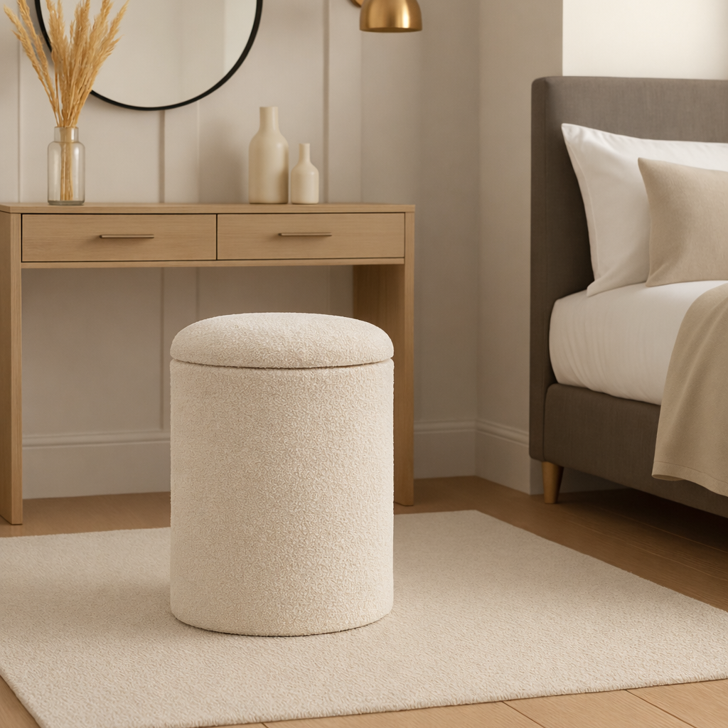 Beige ottoman in a bedroom setting with a desk and bed in the background.
