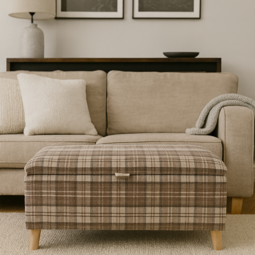 Beige sofa with plaid ottoman in a living room setting