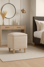 Beige storage ottoman chair in a bedroom