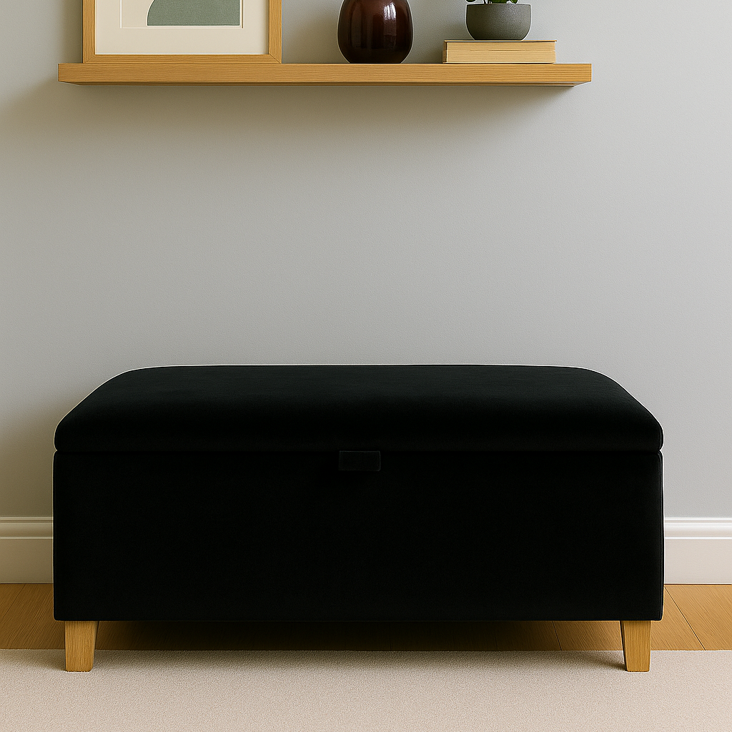 Black ottoman in a room with a wooden shelf holding decor items.
