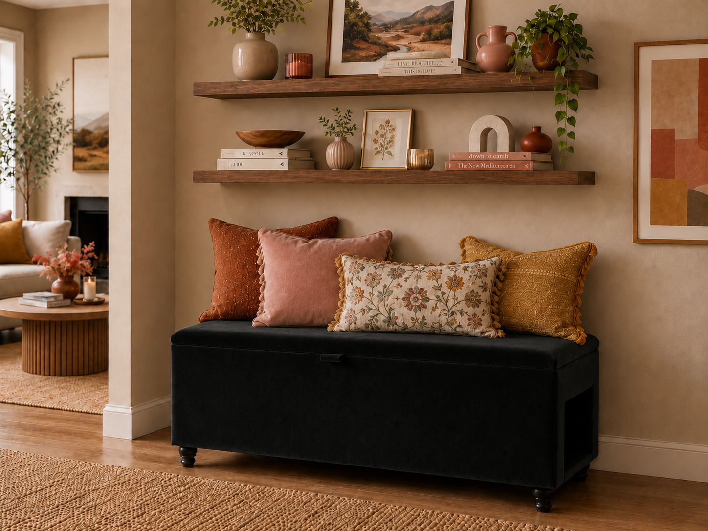 Living room with a black storage bench with a side opening and colorful pillows, and wooden shelves with decorative items.