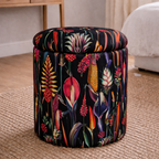 Decorative ottoman with floral pattern in a bedroom setting