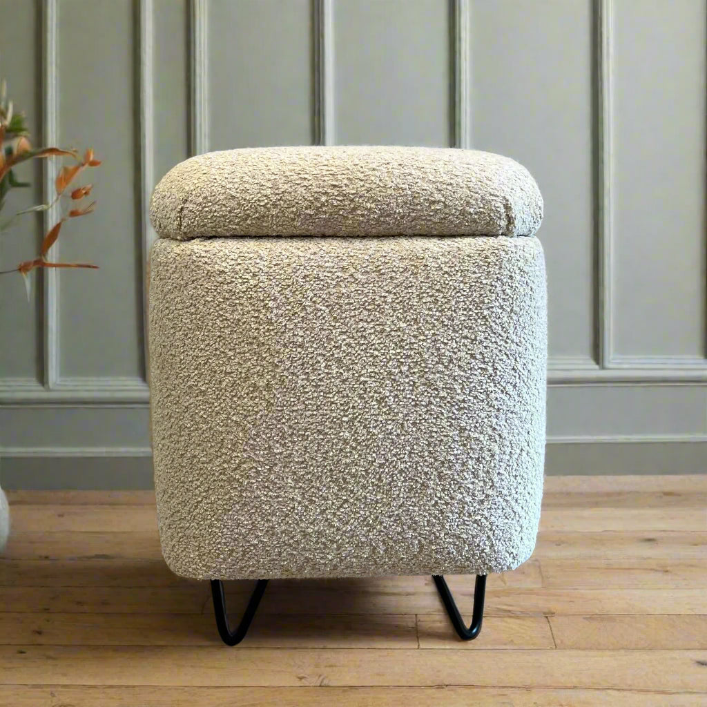 Square dressing table stool in beige teddy boucle fabric with black hair pin legs