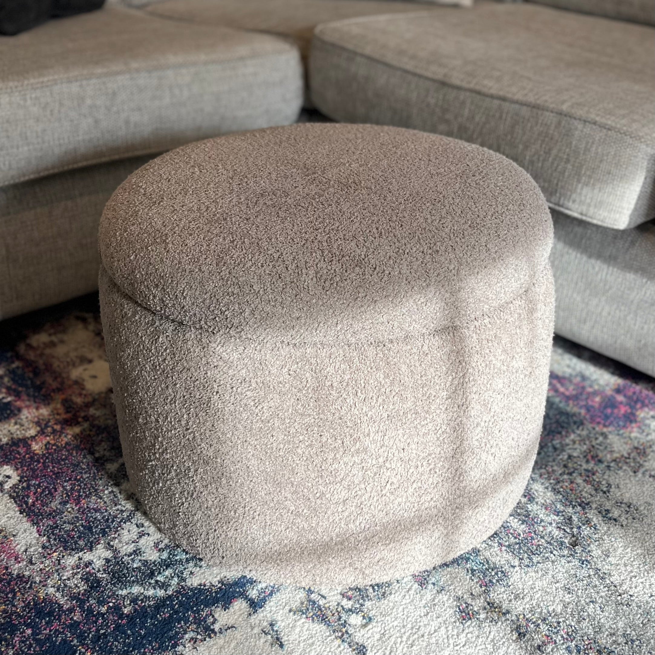 Round teddy soft boucle footstool with storage in truffle grey