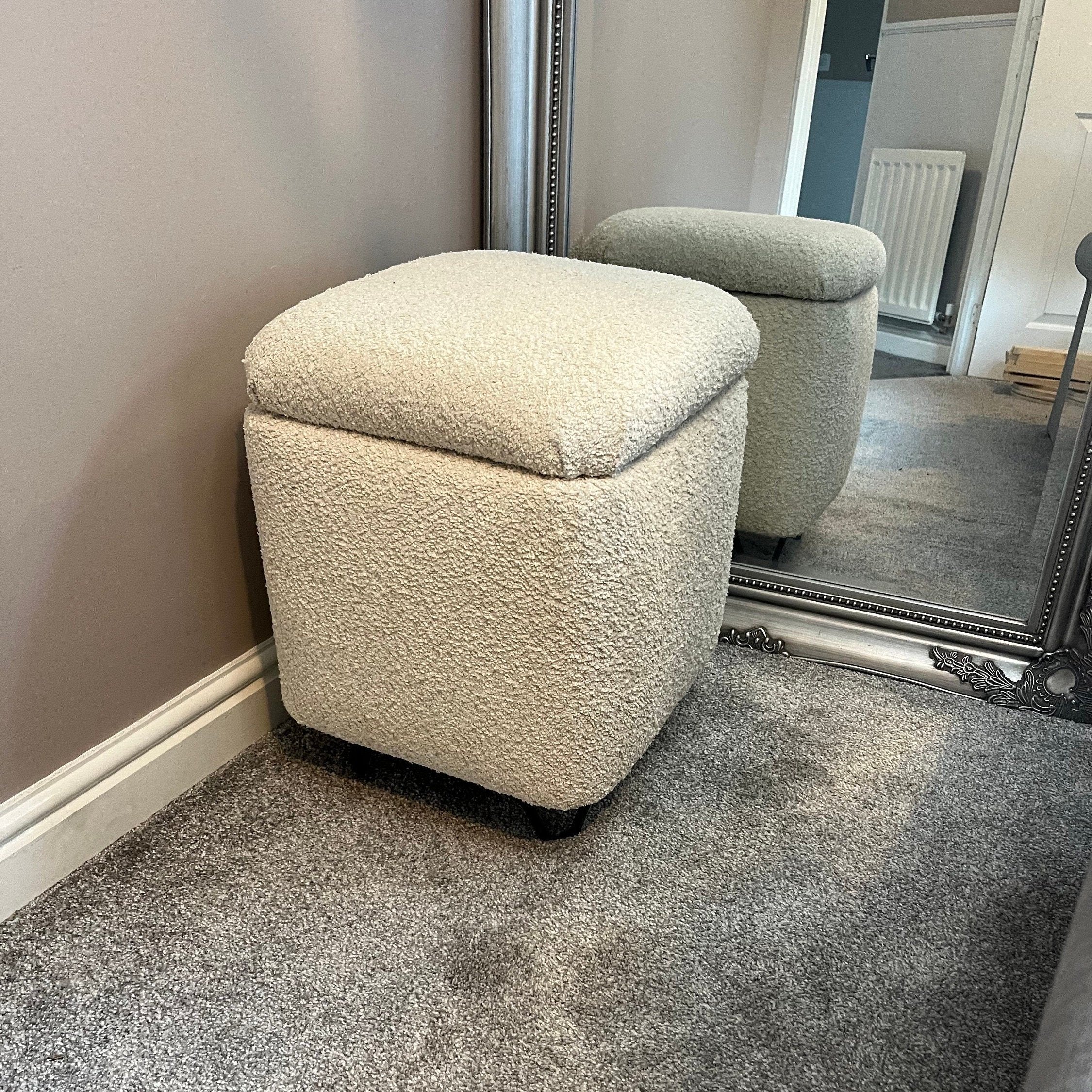 Square storage stool for vanity in oyster teddy boucle fabric