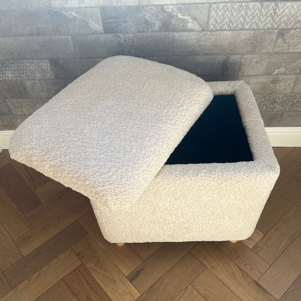 Beige teddy soft boucle dressing stool with storage lid open and wooden legs
