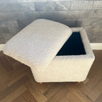 Beige teddy soft boucle dressing stool with storage lid open and wooden legs