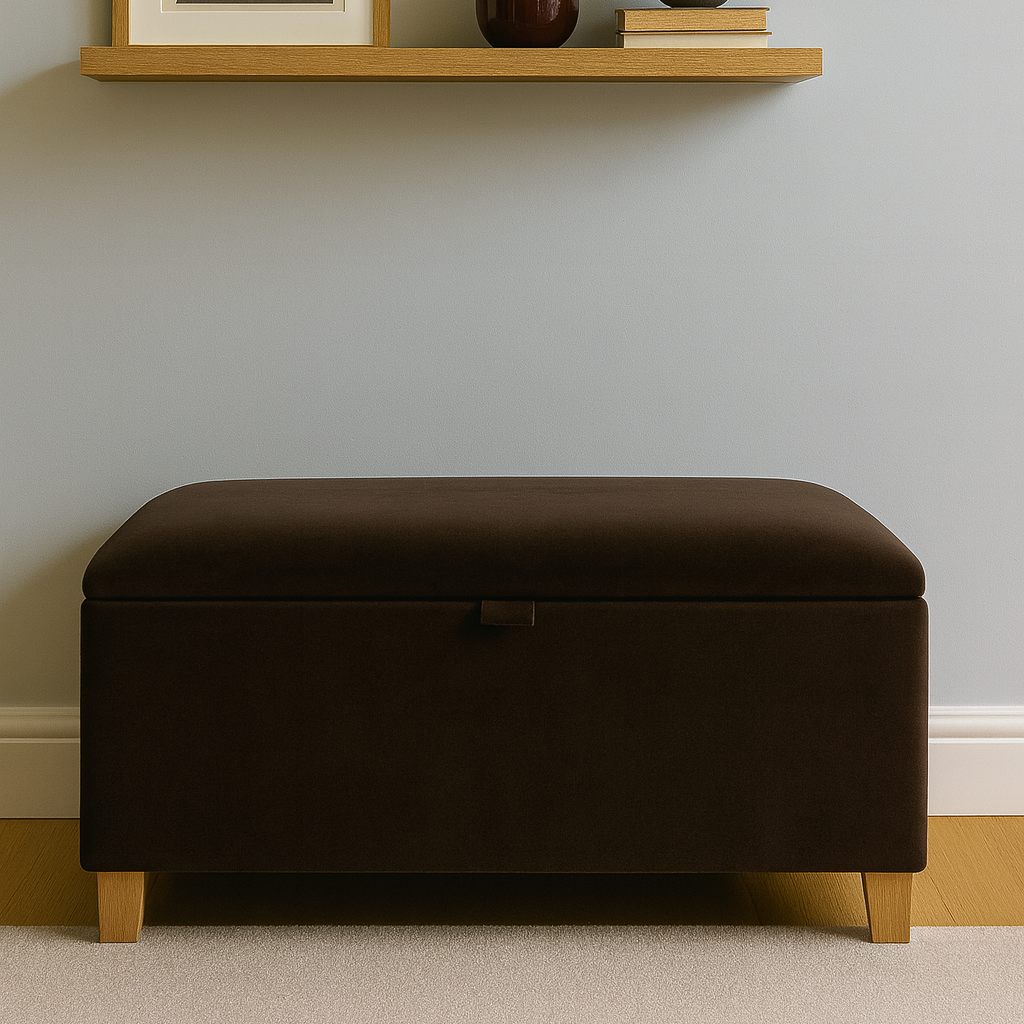 Brown ottoman in front of a wall with a shelf holding decorative items.