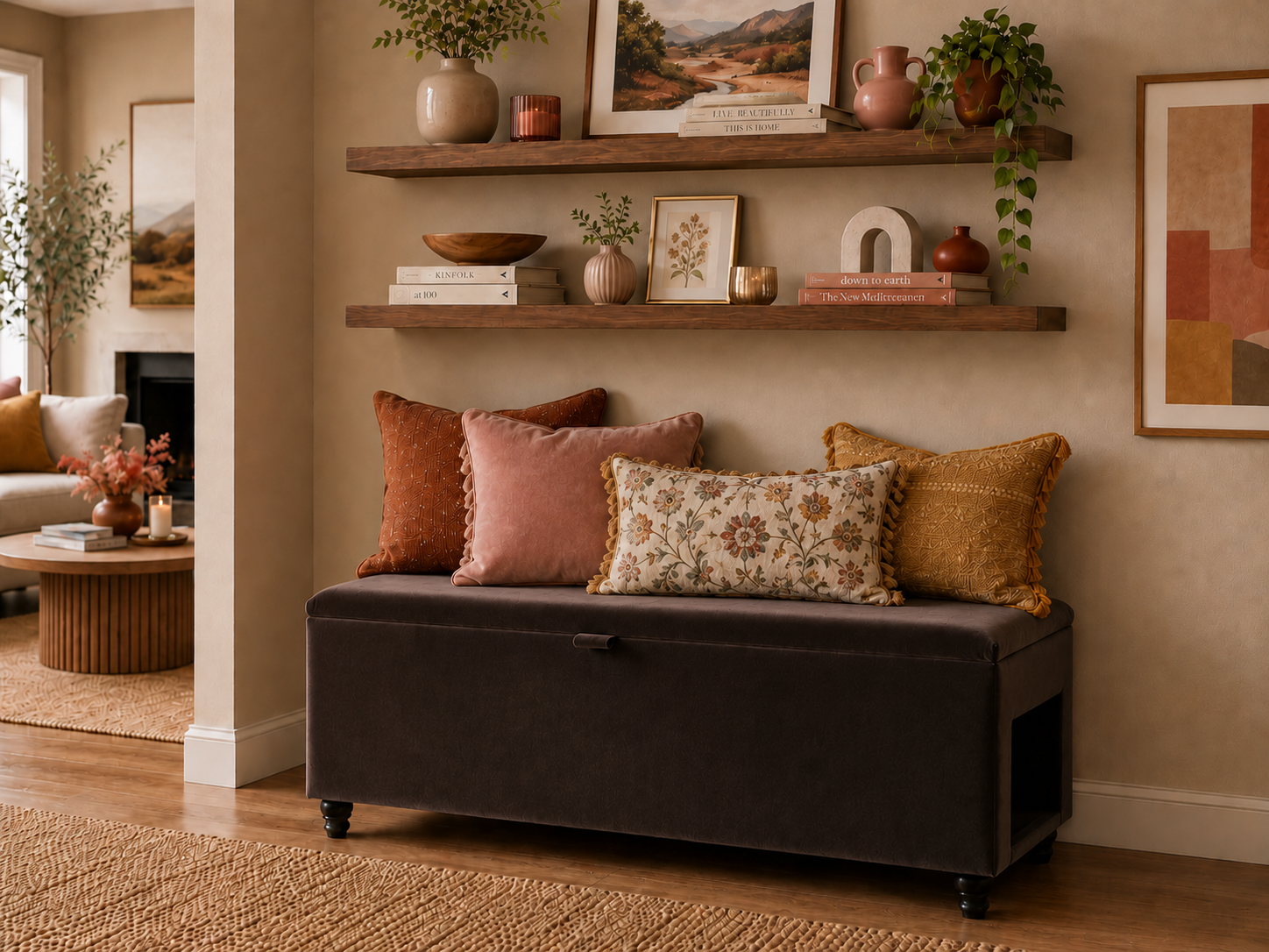 Living room with a brown storage bench with a side pet opening and decorative pillows, and shelves with decor items.