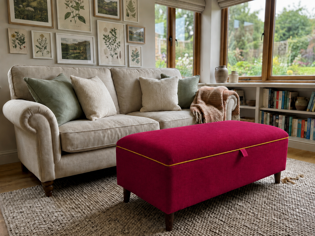 A bright magenta velvet ottoman with yellow piping and dark wooden legs in a cozy living room setting next to a beige sofa.