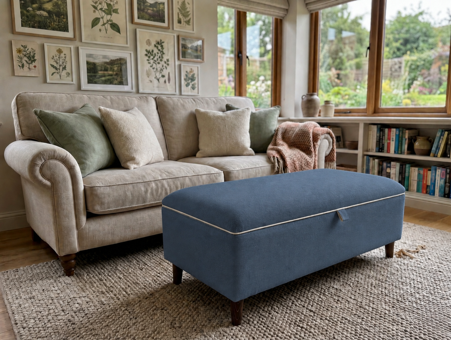 A blue upholstered rectangular ottoman with dark wooden legs and cream piping sits in a bright living room in front of a beige sofa with green and cream pillows. The room has large windows, bookshelves, and framed botanical prints on the wall.