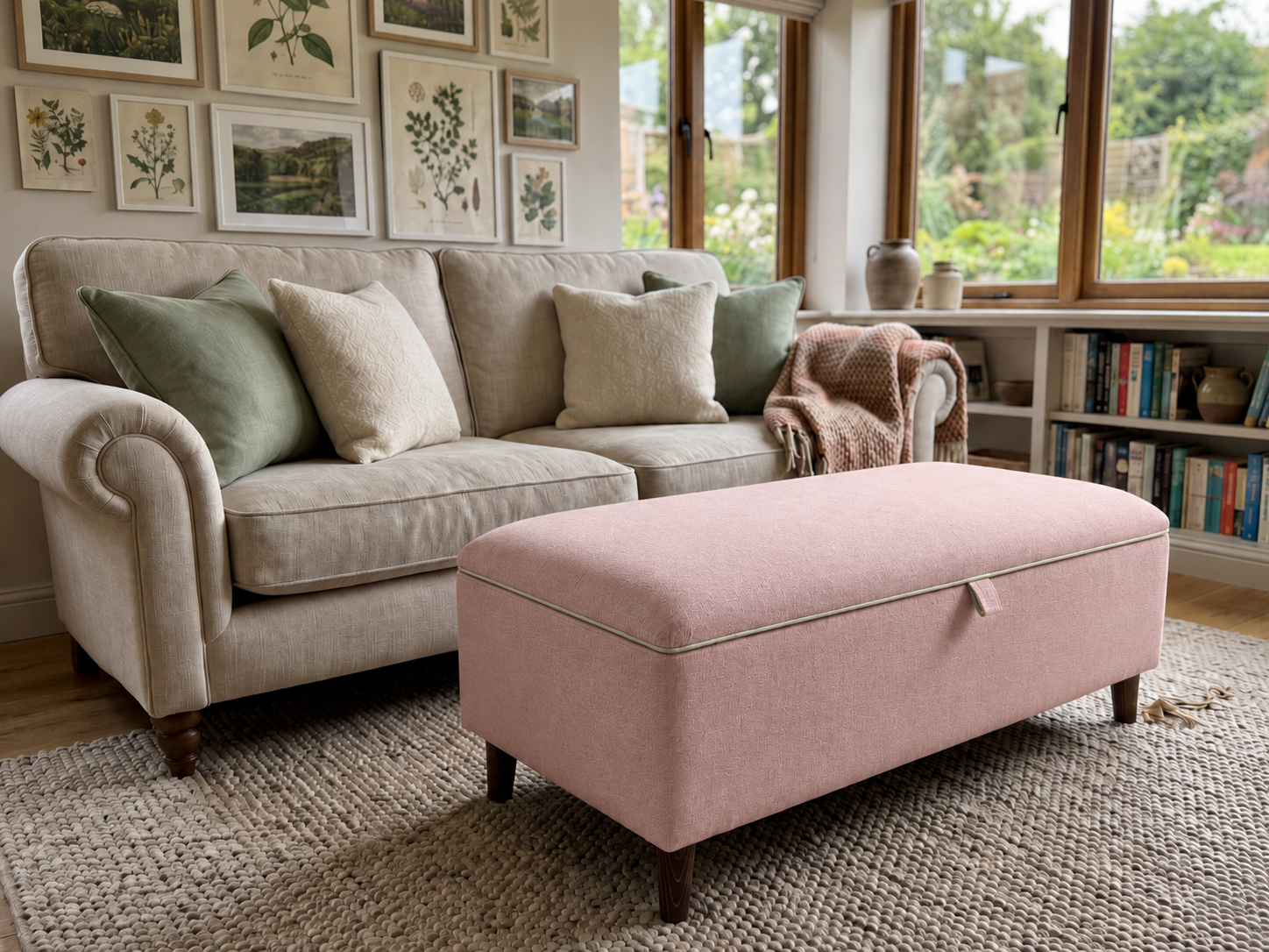 A pink upholstered ottoman with dark wooden legs and sage piping sits in front of a light beige sofa in a bright, modern living room with large windows, framed botanical prints, and a bookshelf.