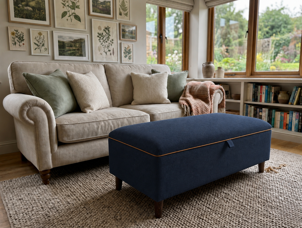 A navy blue upholstered ottoman with orange piping and dark wooden legs sits in front of a cream sofa in a bright, sunlit living room with bookshelves and botanical wall art.