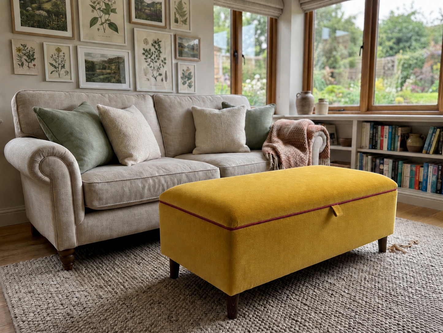 A bright yellow upholstered ottoman with pink piping and dark wooden legs sits in front of a beige sofa in a sunlit living room with framed botanical prints, large windows, and a bookcase.