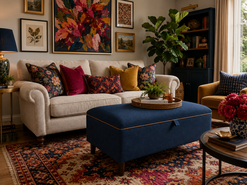 A styled living room featuring a cream upholstered sofa with floral and solid accent pillows, a large navy blue ottoman with orange piping  in the foreground, a patterned area rug, and a dark wood bookshelf in the background.