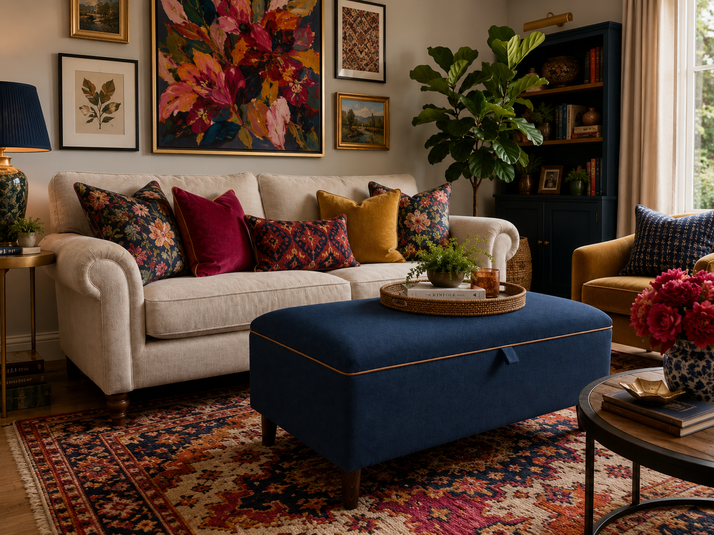 A styled living room featuring a cream upholstered sofa with floral and solid accent pillows, a large navy blue ottoman with orange piping  in the foreground, a patterned area rug, and a dark wood bookshelf in the background.